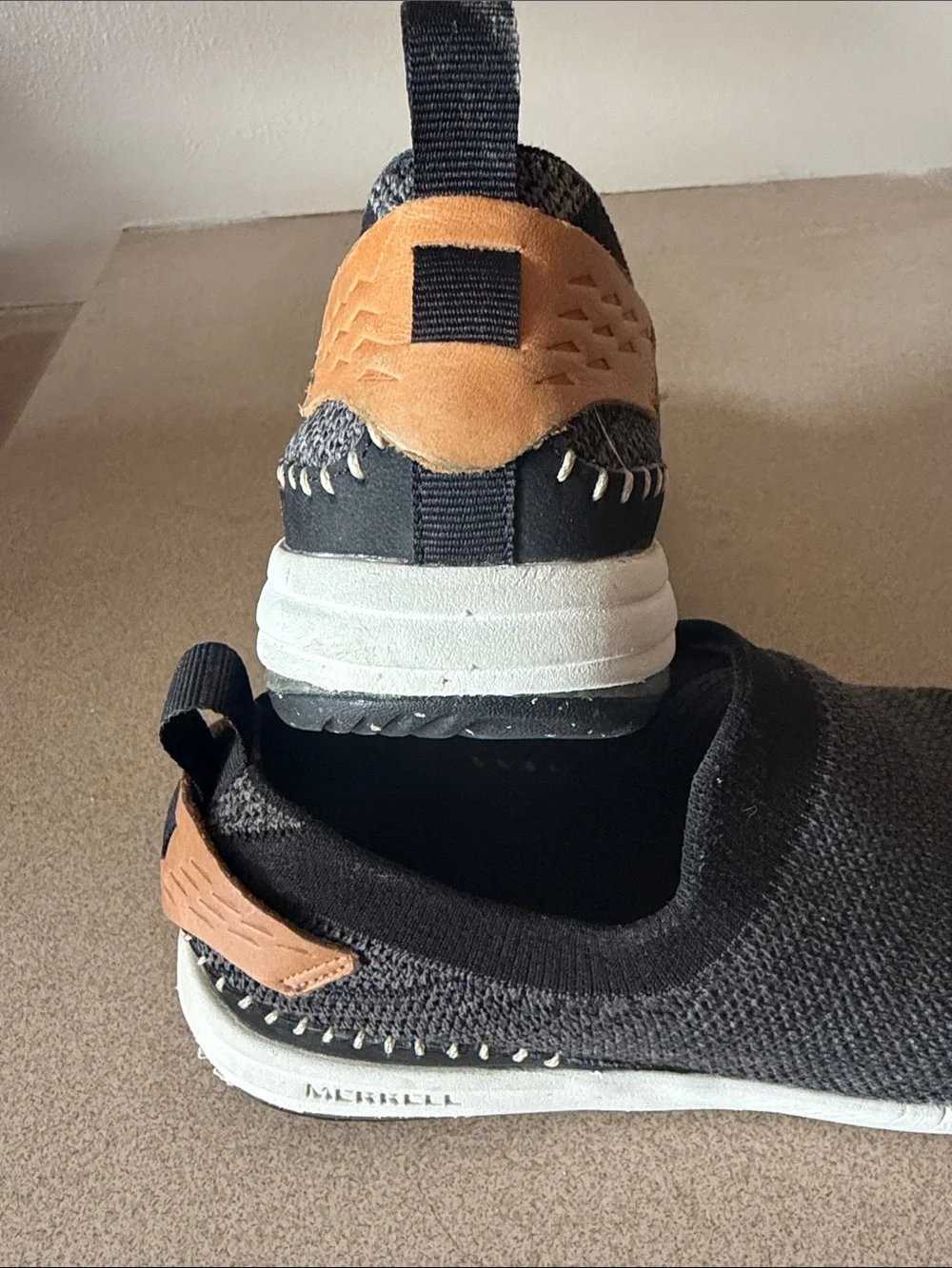 Merrell Women's Knit Slip-On Sneaker in Black with Tan Trim